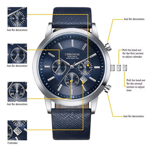 Reloj De Pulsera Chronos Man Casual Calendar De Cuarzo Color Del Fondo Azul