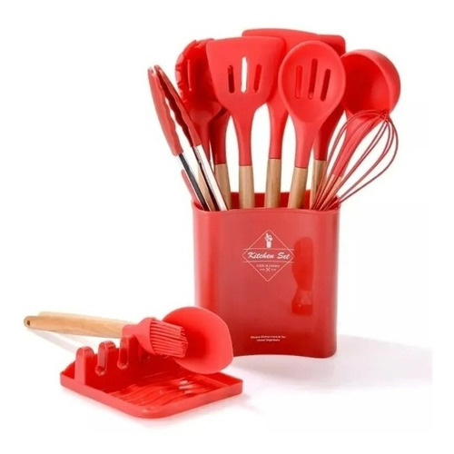 Set De 13 Utensilios De Silicona Espatula, Cucharones Rojo