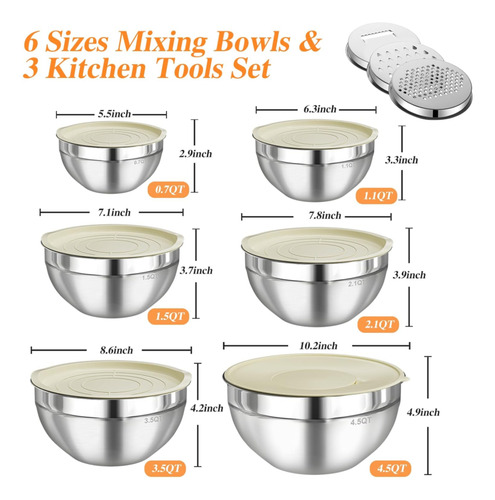 Mixing Bowls With Lids Set, 6 Pcs Stainless Steel Mixing Cci