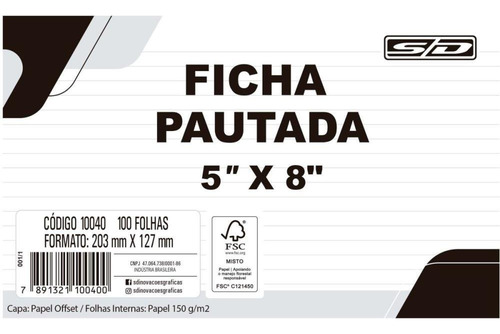 Ficha Pautada 5x8 12,7x20,3cm Pct/100