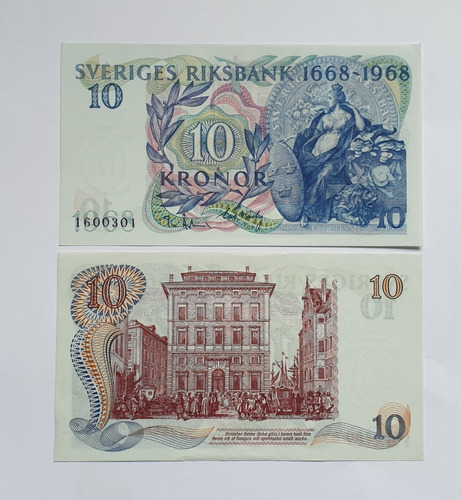 Billetes Mundiales:suecia 10 Kr 1968 300 Años B.central