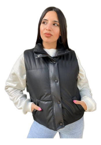 Chaleco Engomado Puffer Mujer Ecocuero Con Boton Cierre