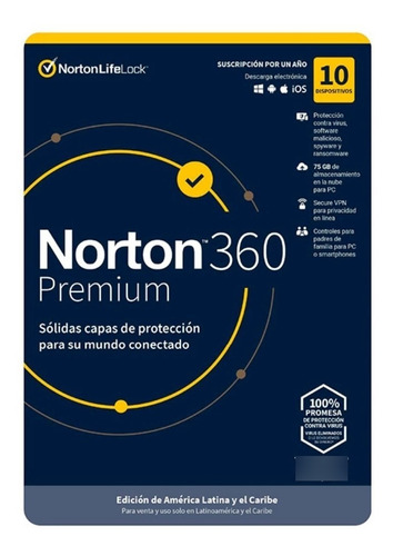 Norton Antivirus 360 Premium  10 Dispositivos  75gb  1 Año