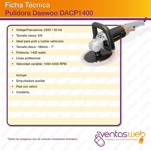 Imagen 3 de 4 de Pulidora Lustradora Daewoo 1400w 7¨ 180mm Vel Variable