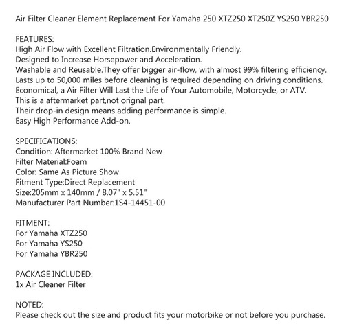 Elemento Filtro Aire Espuma P/ Yamaha Xtz250 Ybr250 Ys250