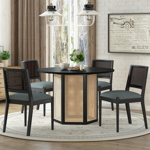 5 Pieces Round Dining Table Set Rattan Kitchen Table Set For