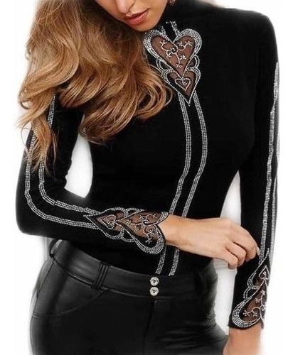 Blusa Negra Corazon Manga Larga Elegante Cuello Tortuga