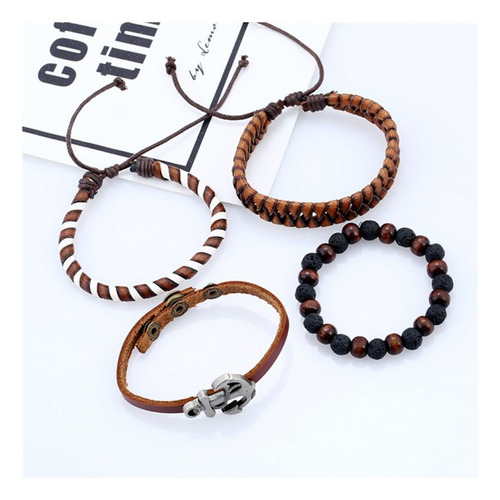 Pulsera De Piel De Vaca Con Cuentas De Madera Y Piedra