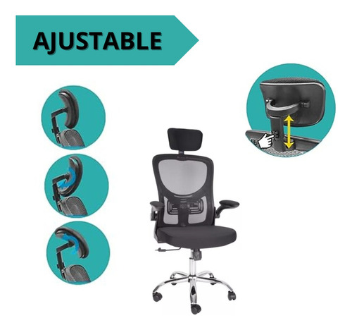 Silla Pc Escritorio Tela Mesh Apoya Brazo Rebatible Negra Color Negro