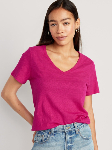 Polera Mujer Old Navy Manga Corta Ew Cuello V Slub Rosado