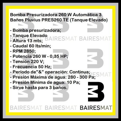 Imagen 5 de 7 de Bomba Presurizadora De Agua Pluvius Pres 260w 3 Baños Auto