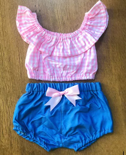 Conjunto Bebê Menina Blusa Xadrez e Shorts Azul e Rosa