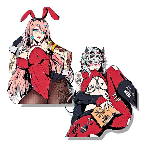 2 Pegatinas Calcomanía Sticker Adulto Anime Waifu Roja 13cm