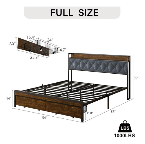 Base De Cama Matrimonial Size Con 2 Cajones Y Estacion Carga