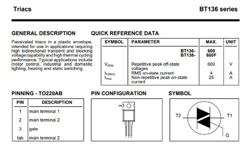Triac Bt136 Bt136-600e 600v 4a To220ab