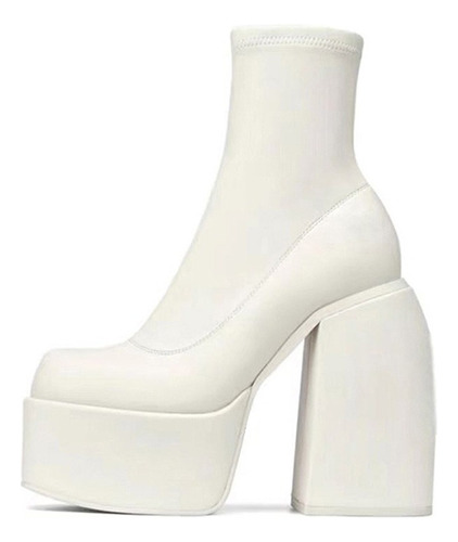 Botas De Mujer Con Plataforma Tacón Alto Grueso Blanco Negro