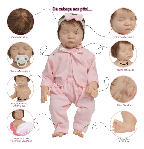 Boneca Reborn 100% Vinil Fio A Fio Pijama Rosa Kit Itens