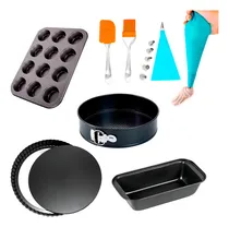 Comprar Kit Set Reposteria Moldes Teflon Antiadherente Apto Horno Muffins Cupcakes Tartera Tortera Desmontable Molde Budinera Espatula Pincel Manga Silicona + 6 Picos Levys Bazar Reposteria Hogar Cocina