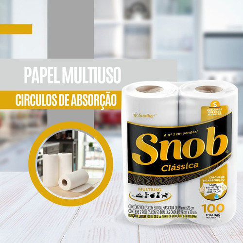 3 Unid. Papel Toalha Snob Folha Dupla Clássica Pct. 2x50=100