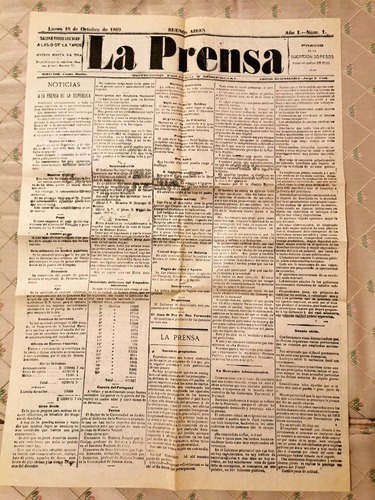 Facsimil Año 1 Nro 1 Diario La Prensa Lunes 18 Octubre 1869