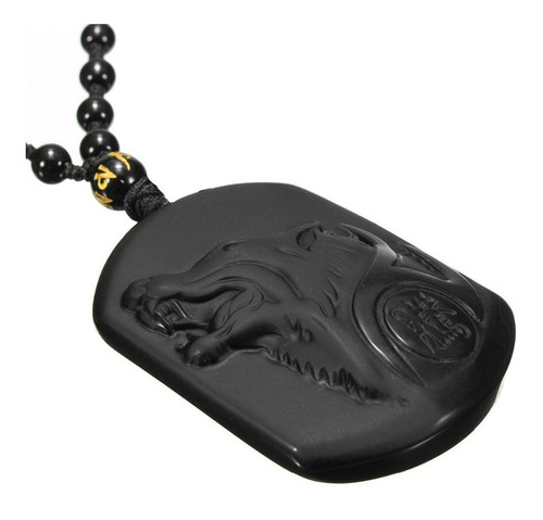 Imagen 3 de 8 de Collar Cabeza De Lobo Piedra De Obsidiana Natural