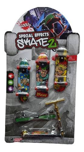 Imagen 2 de 3 de Pack 4 Mini Juego Skate Diseños Para Dedos + 1 Patineta