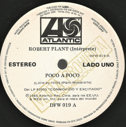 Robert Plant Poco A Poco / Fiona - Simple Vinilo Split Promo