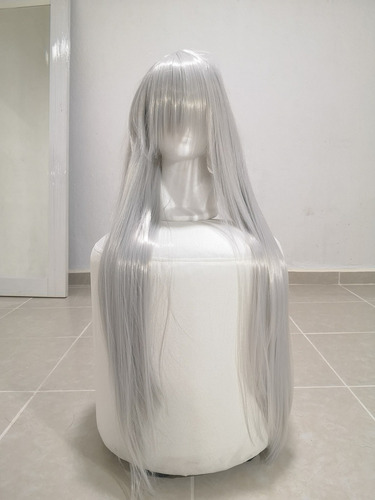 Peluca Gris Claro Larga Lisa Con Fleco Cosplay Kanekalon L.1 Tamaño De La Base Unitalla