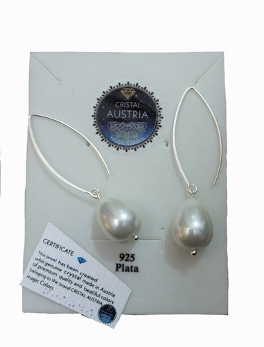 Aros Perlas Grandes Cristal Austria Con Gancho Largo , Plata