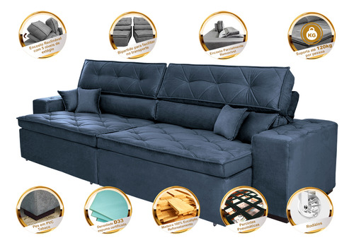 Sofá Austin 2,02m Retrátil, Reclinável com Molas no Assento e Almofadas, Suede Azul Cama inBox