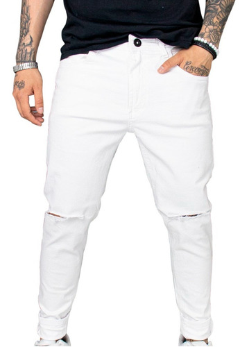 Jeans Revston Blanco Chupin Slim Fit Roturas Hombre Nuevo