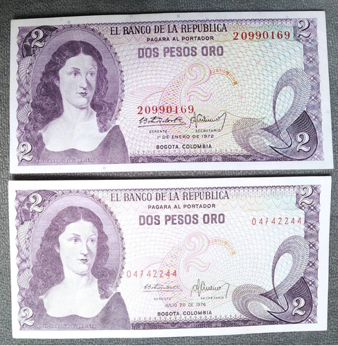Billetes De 2 Pesos Año 1972 Y 1976 Estado Unc