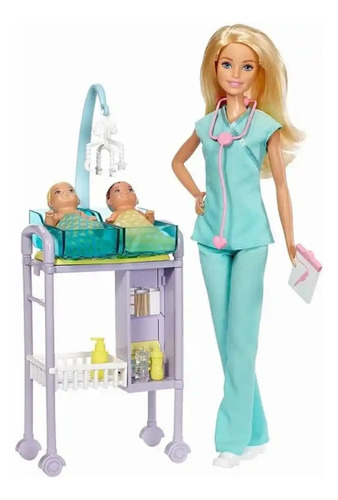 Barbie Set De Pediatra Rubia Con Gemelos 