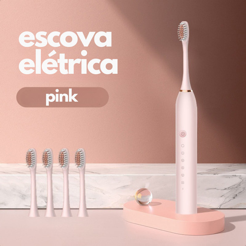 Escova De Dentes Elétrica Recarregável 6 Funções 3 Refil Usb Cor Rosa 127/220V