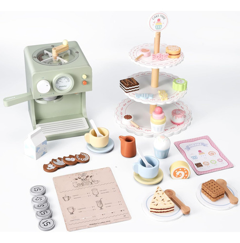Juego De Cafetera Para Niños Y Soporte De Postre De Madera,
