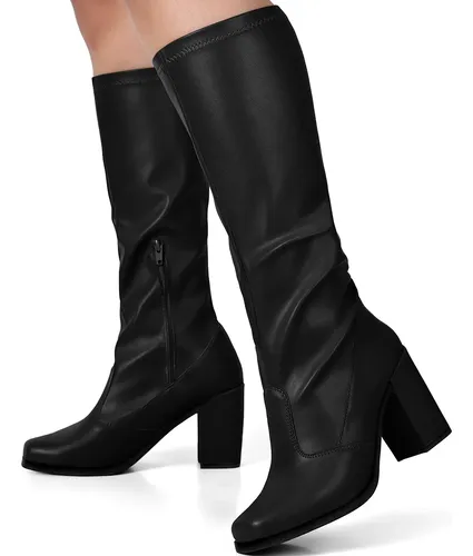 Bota Feminina Cano Longo Stretch Salto Alto Grosso Montaria