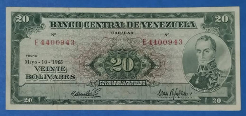 Billete De 20 Bs De 1966 E-7, Como Nuevo.