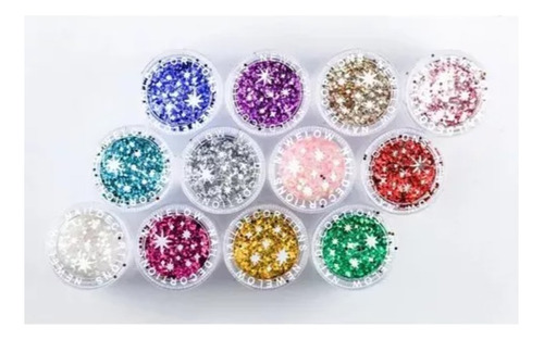 Set 12 Frascos Glitter Escamas Para Rostro Cuerpo Uñas