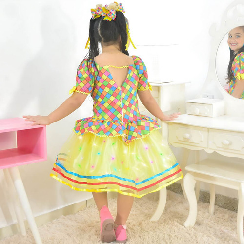 Vestido Festa Junina Xadrez Tule Amarelo Com Led + 2 Laço