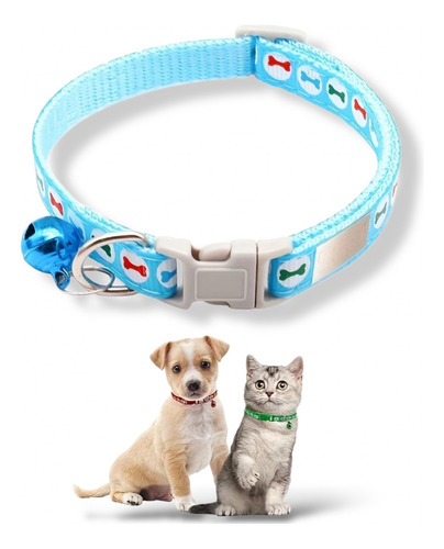 Collar Ajustable Con Cascabel Para Perro Gato Mascotas Hueso Color Azul claro Huesos Tamaño del collar S