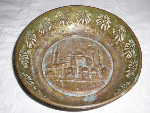 Antiguo Plato Bowl Bronce Labrado Arabe Turco Aya Sofya 1900