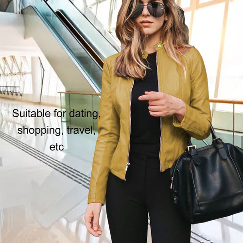 Chaqueta De Pu Con Cremallera Y Cuello Alto Para Mujer