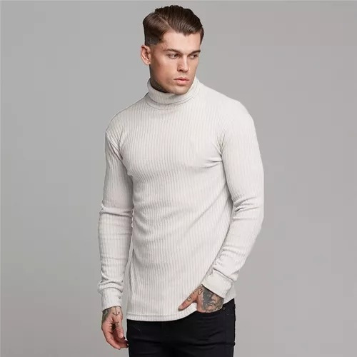 Cacharrel Blusa Tricot Lã Masculina Canelada Gola Alta 