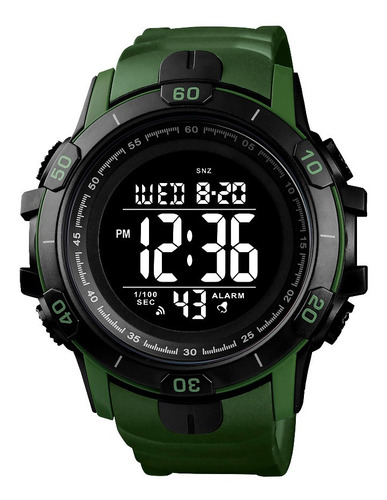 Reloj pulsera Skmei 1475 de cuerpo color negro, digital, para hombre, fondo negro, con correa de poliuretano color verde militar, dial gris, minutero/segundero gris, bisel color negro, luz verde
