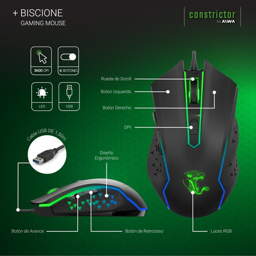 Imagen 6 de 8 de Combo Gamer Auricular Teclado Mouse Constrictor Grootslang