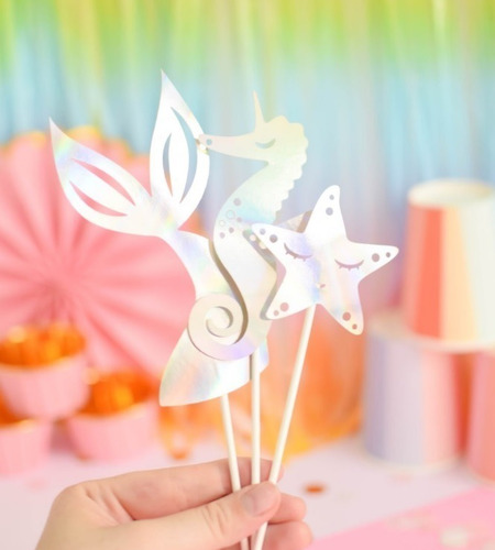 Topper Adorno Torta Deco Bajo Del Mar Sirena Iridiscente