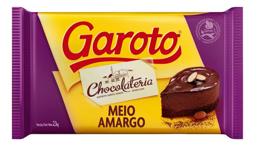 Barra De Chocolate Cobertura Meio Amargo 2,1kg - Garoto