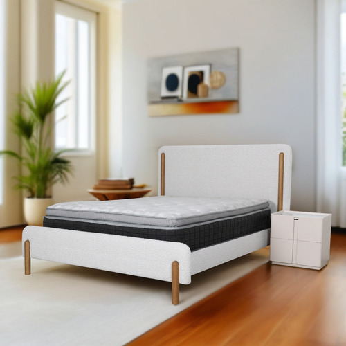 Recámara Kirei Matrimonial Minimalista Tela Madera Buró Color Blanco