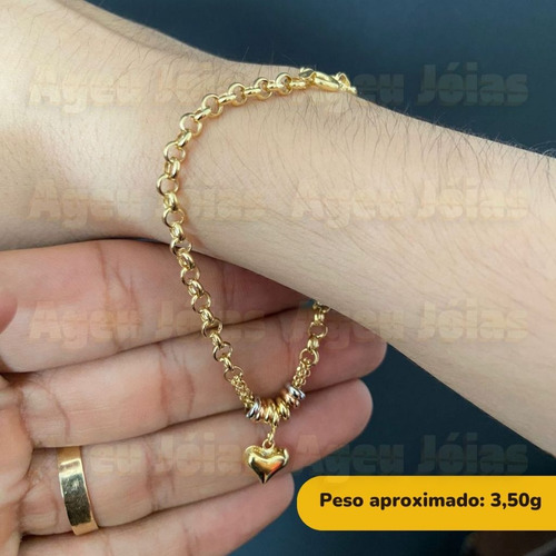 Pulseira Portuguesa Ouro 18k Com Pingente Coração Berloque