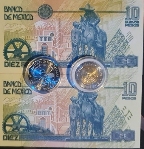 Imagen 2 de 2 de Combo De Billetes 10 Pesos Y Monedas De Emiliano Zapata Unc